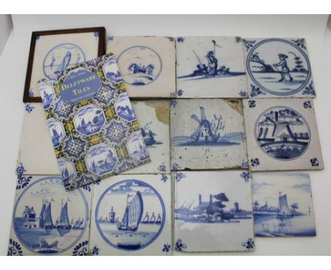 A COLLECTION OF TWELVE VARIOUS DELFT TILES, underglaze blue painted decoration, includes sail barges, windmills &amp; figures