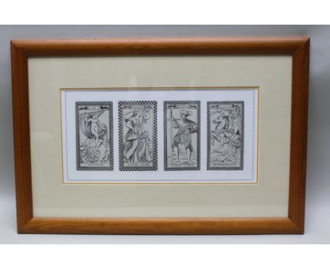 A MONOCHROME PRINT DEPICTING FOUR EARLY 16TH CENTURY TAROT CARDS, 23cm x 49cm image size, decoratively double mounted, in pla