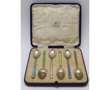 MAPPIN &amp; WEBB, A CASED SET OF SILVER &amp; GUILLOCHE ENAMEL COFFEE SPOONS, harlequin colours, Birmingham 1930, cased 