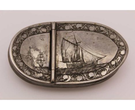 AN EARLY 20TH CENTURY PLATED BRASS SNUFF BOX, engraved decoration of a steam warship to one side and a marine scene of two sa