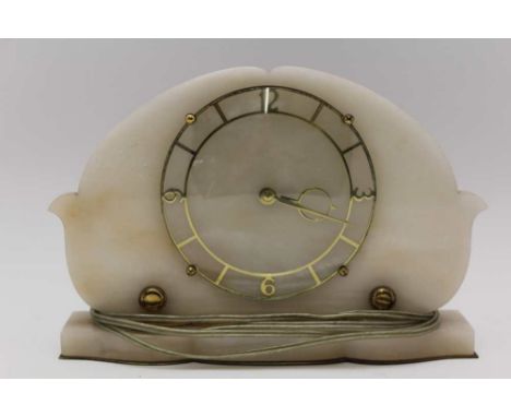 A SMITHS ENGLISH CLOCKS, ART DECO DESIGN ELECTRIC MANTLE CLOCK, alabaster with brass dial, 18cm high 
