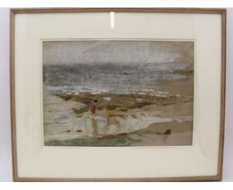 ROSEMARY ELIZABETH ALLAN a mixed media, possibly preliminary sketch, depicting a labrador and its owner walking on a beach, 1