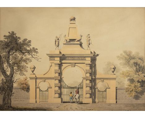 James Malton (1761-1803) Gateway to a Park (Hunting Lodge)Pen, Ink and Wash, 43 x 60cm (17 x 23½")Signed and dated 1795; insc