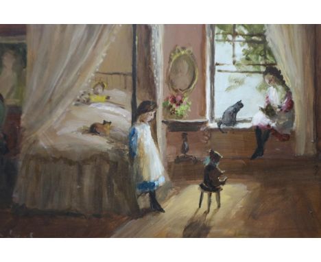 Deborah Jones (b. 1921): oil on board, Childhood Bedroom Scene, signed to lower right, 24 x 19 cm. P&amp;P Group 3 (£25+VAT f