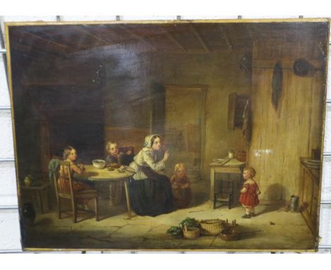 An unattributed 18th century oil on canvas, interior kitchen scene with children, unsigned, 40 x 30 cm. Re-laid onto later ca