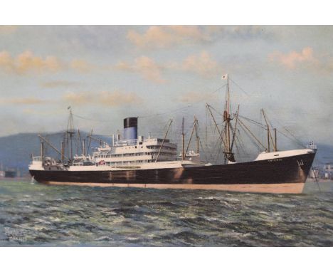 D W Hughes (Wirral, 20th century) oil on board, blue funnel line TSS Antenor in a port, dated 1978, 90 x 60 cm. P&amp;P Group