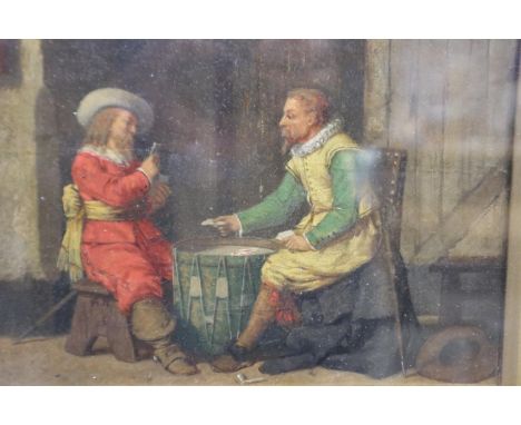 A 17th/18th century Flemish school oil on wood, panel, interior scene with two soldiers playing cards, monogrammed AN, 17 x 2