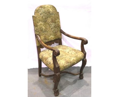 Oak framed tapestry upholstered arm chair with claw feet and cross stretcher. Not available for in-house P&amp;P 