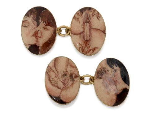 A pair of erotic cufflinks, the cufflinks formed of oval panels with chain link connections, each panel with later enamel dec