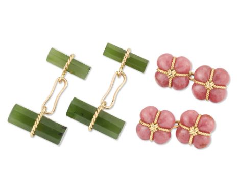 Two pairs of French cufflinks, comprising: a pair of faceted nephrite jade baton cufflinks, with rope twist mounts and clip c