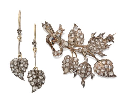 A Victorian diamond-set brooch and earrings, the floral and foliate spray brooch, possibly rosehip, grain set with rose-cut d