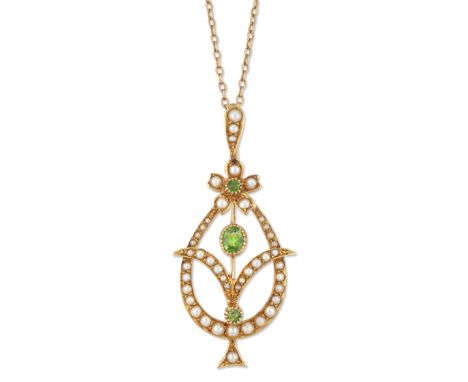 An Edwardian 15ct gold demantoid and half-pearl pendant, of stylised lyre form surmounted with a floral cluster, circa 1900, 
