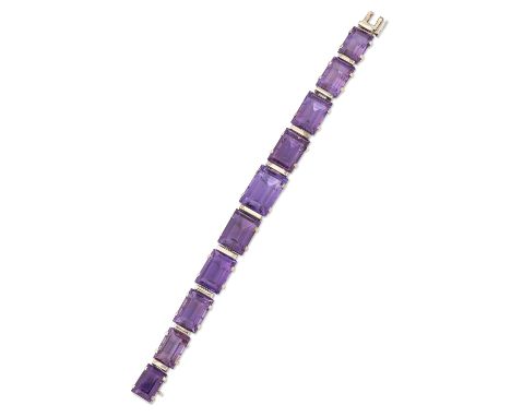 An amethyst bracelet, designed as a single row of ten graduated rectangular step-cut amethysts to a box clasp, the largest, c