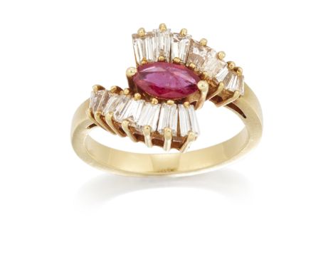 A ruby and diamond crossover ring, the marquise-cut ruby to crossover shoulders claw set with graduated tapered baguette-cut 