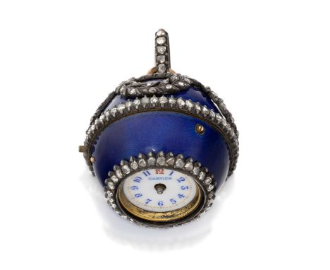 Swiss. A gilt metal, enamel and diamond set ball watchCirca 1900Mechanical watch wound via the rotating case, white enamel di