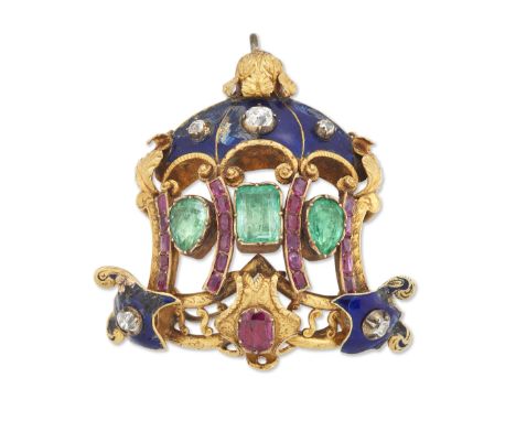 A diamond, emerald and ruby enamelled gold pendant, later adapted, of openwork design with old-cut diamond accents and scroll