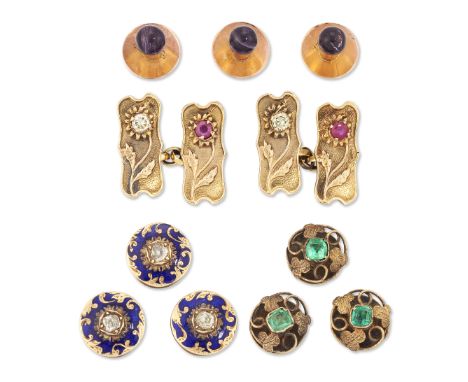 A group of cufflinks and dress studs, comprising: a pair of floral design ruby and diamond set cufflinks, with chain link con