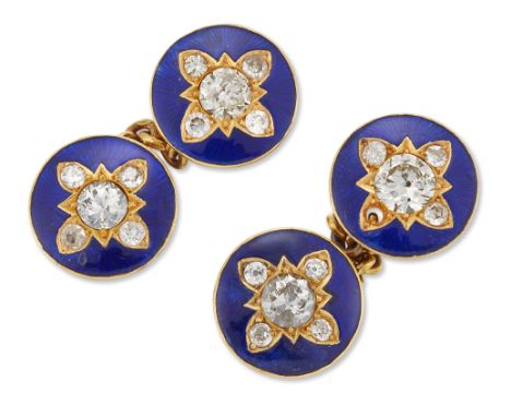 A pair of diamond and blue enamel cufflinks, each circular panel designed with a round brilliant-cut diamond centre framed by