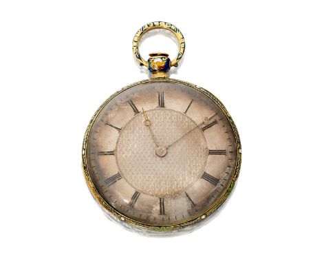 Rochat Frères, Geneva. A gold and enamel open face pocket watch Circa 1810Swiss key wound gilt metal cylinder movement with g