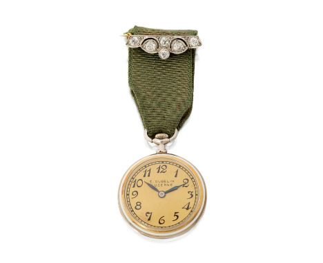 E.Gubelin. A gold, green enamel and diamond set lapel watch Circa 1900Swiss movement, signed champagne dial with black painte