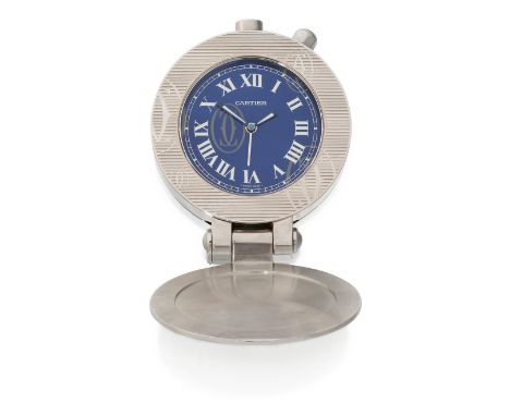 Cartier. A stainless steel quartz travel alarm clock with fitted box Pasha, Ref:2753, Circa 2000Blue dial with Roman numerals