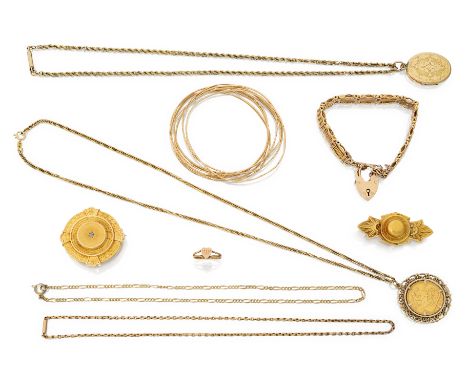 A group of gold jewellery, comprising: an early 20th century 9ct gold gate bracelet with padlock clasp; two late Victorian go