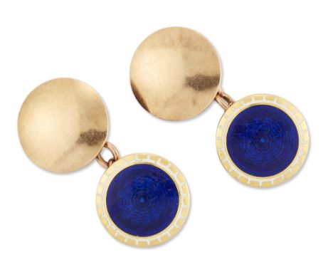 A pair of early 20th century gold and enamel cufflinks,&nbsp;each with single circular dark blue guilloché enamel centres wit