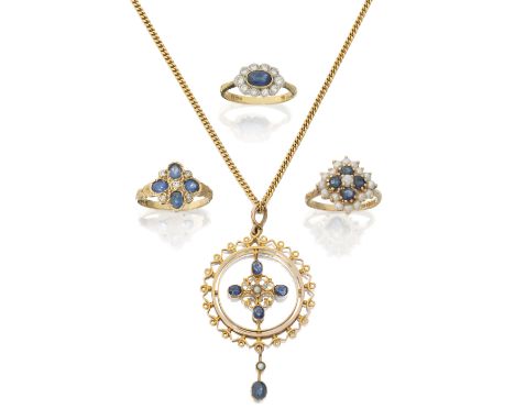 A group of sapphire set jewellery, comprising: an 18ct gold sapphire and diamond cluster ring, by E W Adams, London hallmarks