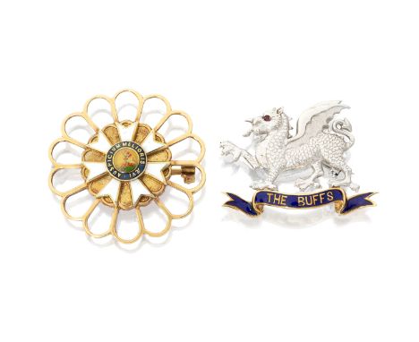 An 18ct gold and enamel 'The Buffs' regimental brooch, London hallmarks, 1996; together with an openwork brooch with the embl