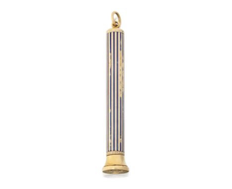 An early 20th century gold and enamel telescopic combination pencil and seal,  the outer barrel with blue and white striped c