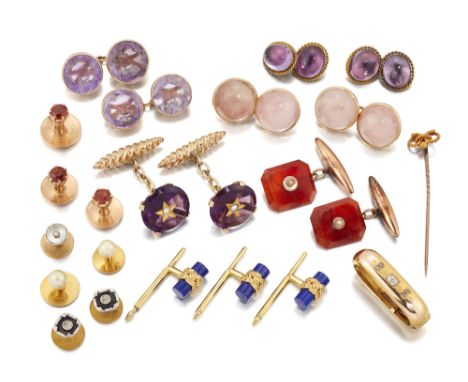 A group of cufflinks and dress studs, including: two diamond and onyx dress studs; two imitation pearl dress studs; a pearl a