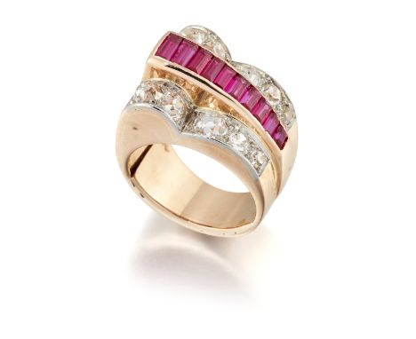 A French 18ct gold synthetic ruby and diamond ring, of odeonesque form, with a row of graduated calibré-cut synthetic rubies,