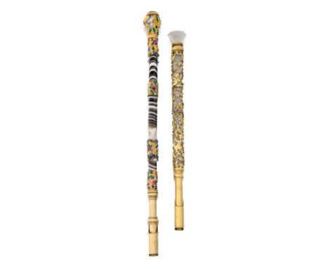 Two early 19th century gold mounted dip pens, the first with chalcedony shaft with gold scroll cage work decoration, Bramah s