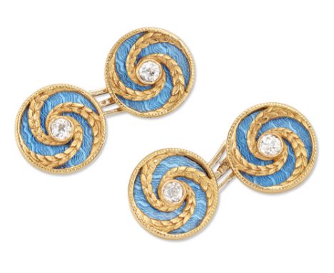 A pair of French Belle Époque gold, diamond and enamel cufflinks, the circular panels with a single old brilliant-cut diamond