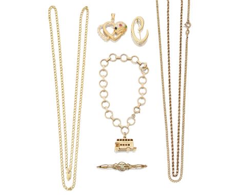 A group of jewellery, comprising: a 9ct gold bracelet suspending a 9ct gold bus charm; a 9ct gold hollow rope link chain, com