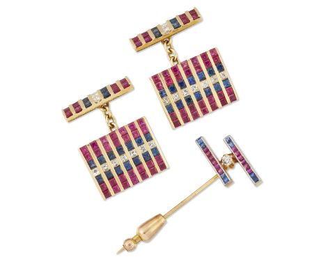 A pair of diamond, sapphire and ruby cufflinks, in the Old King's Scholars colours, King's School, Canterbury, a rectangular 