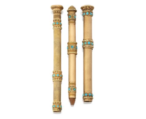 Three 19th century two colour gold mounted and turquoise extending pencils, each with engine turned barrels, each with chased