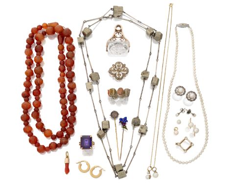 A group of jewellery, including: a rock crystal swivel seal fob, one face intaglio engraved with the McGowan coat of arms ben