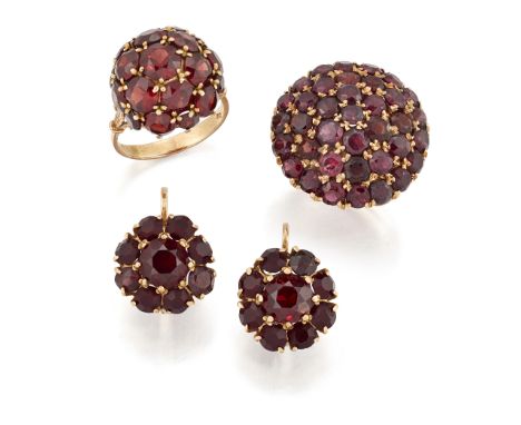 Two garnet cluster rings, cluster diameters 2.6cm and 1.8cm, ring sizes M and R; together with a pair of red paste cluster ea