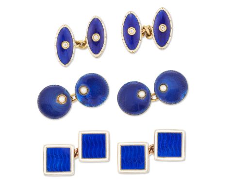 Three pairs of early 20th century gold and blue enamel cufflinks, comprising: a pair of early 20th century 9ct gold blue and 
