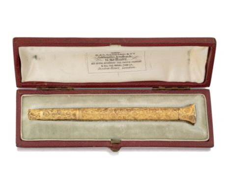 A 19th century gold mounted combination pencil and dip pen, the main barrel foliate engraved to a cartouche shaped bloodstone