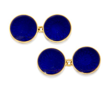 A pair of early 20th century 15ct gold enamel cufflinks, circular panels with royal blue guilloché enamel and chain link conn