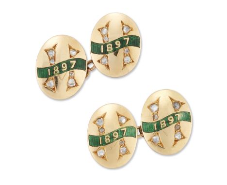 A pair of 19th century enamel and diamond cufflinks, oval panels with '1897' to a green guilloché enamel ribbon, with engrave