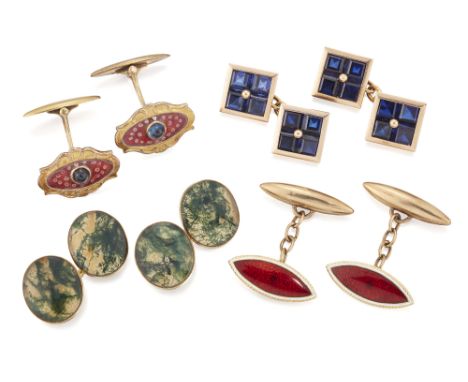 Four pairs of cufflinks, comprising: a pair of synthetic sapphire cufflinks with chain link connections, panels 1.1cm; a pair