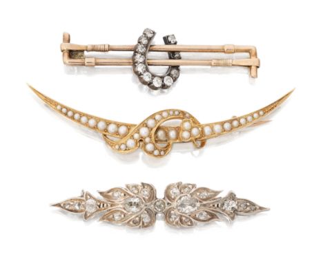 Three bar brooches,&nbsp;comprising: a late Victorian half-pearl set open crescent brooch with sprig decoration, circa 1900, 