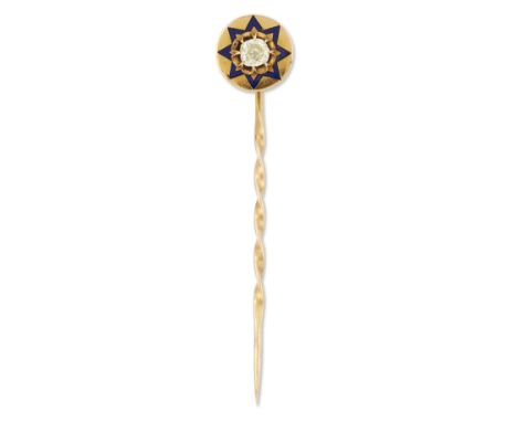 A diamond and enamel stickpin, an old brilliant-cut diamond, the Victorian, claw set to a circular finial with blue enamel st