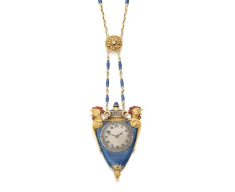 LeCoultre. A fine Belle Époque gold, diamond and enamel pendant watch and necklace, Nickel plated Swiss lever movement signed