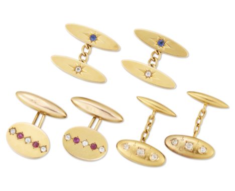 Three pairs of cufflinks, comprising: a pair of Edwardian 18ct gold sapphire and diamond-set navette-shaped plaque cufflinks,