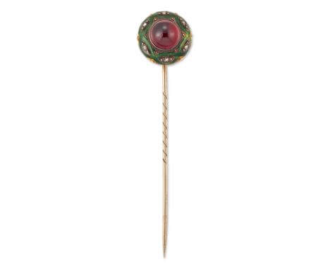 A Victorian gold, garnet, diamond and enamel Holbeinesque stickpin, the round cabochon garnet to surround of rose-cut diamond