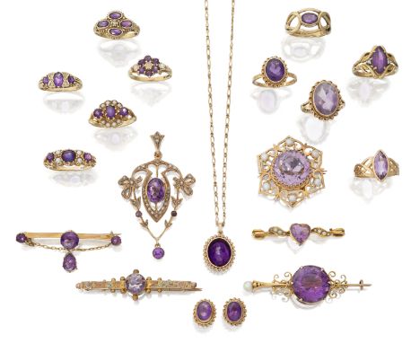 A group of amethyst jewellery, comprising: ten 9ct gold amethyst rings, several with seed pearl, diamond or opal accents; an 